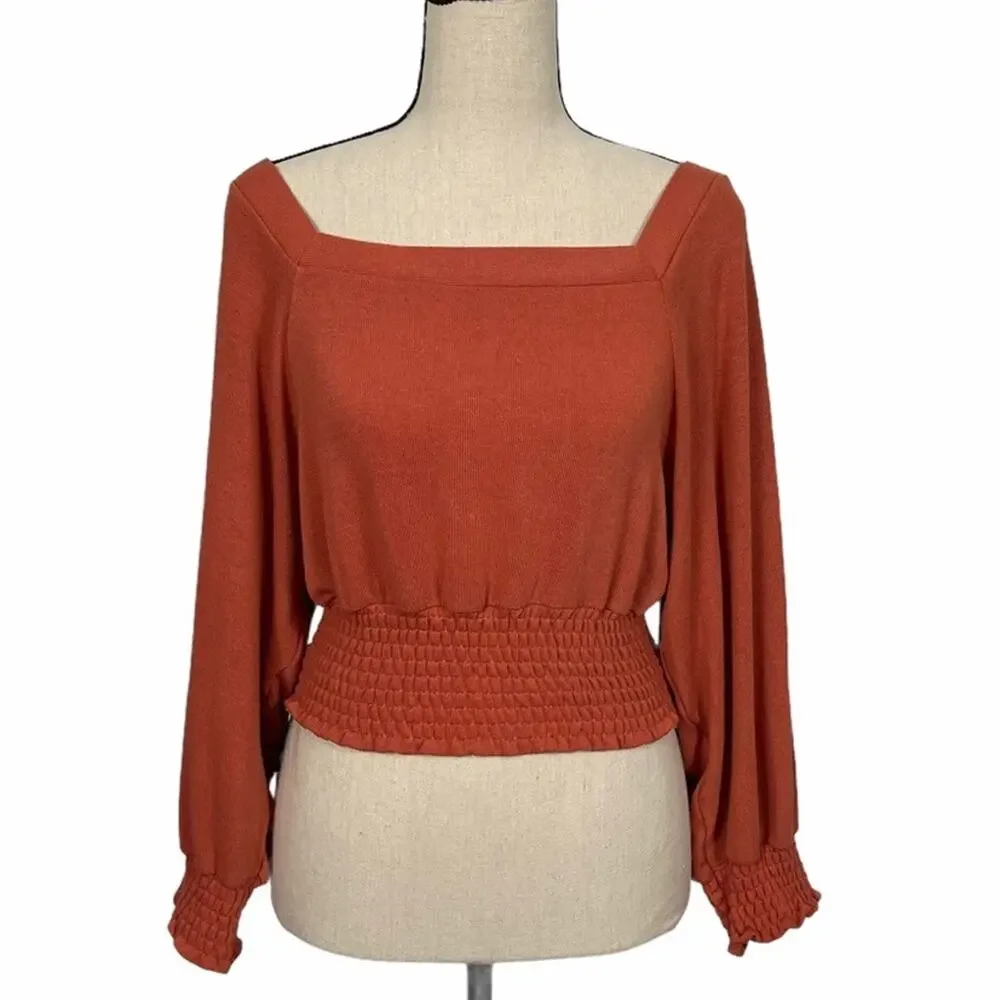 Free People Smocked Waist Long Sleeve Top Copper Size XS NEW